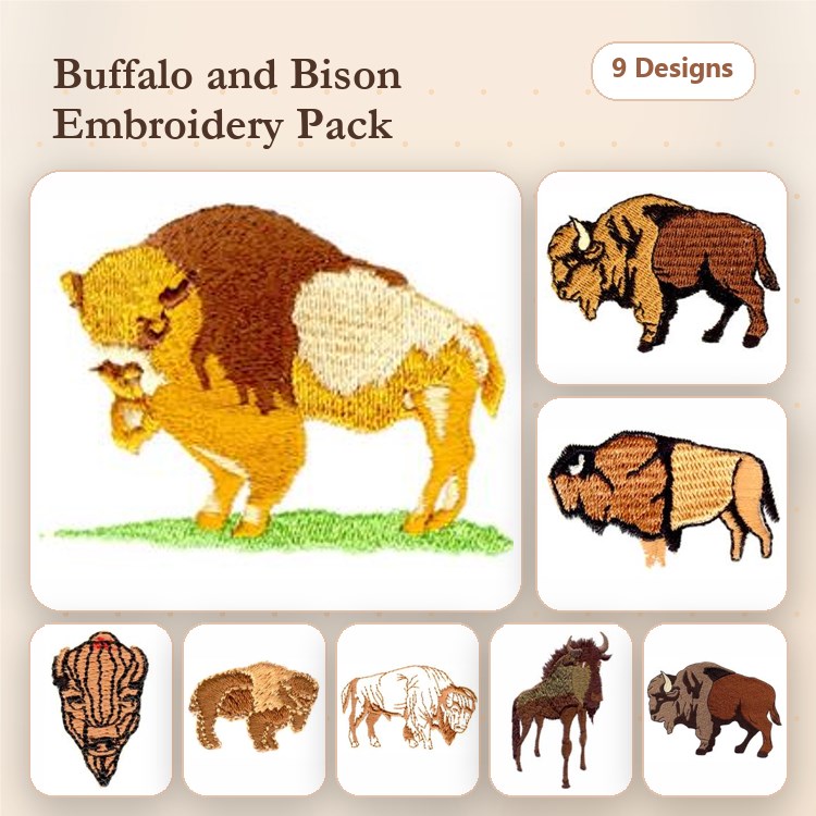 Buffalo & Bison Embroidery Bundle – Buffalo with Bird, Bison Running, Bison Profile & More (9 Designs)