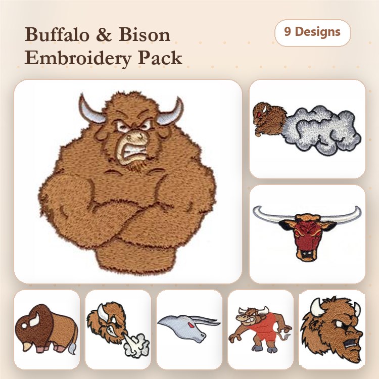 Buffalo & Bison Embroidery Bundle – Angry Buffalo, Bison Silhouette, Buffalo in Profile & More (9 Designs)