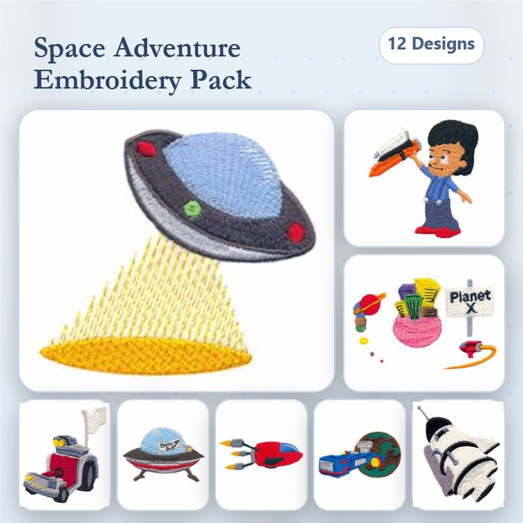 Space Adventure Embroidery Designs Bundle – UFO, Rocket Ship, Astronaut & More (12 Designs)