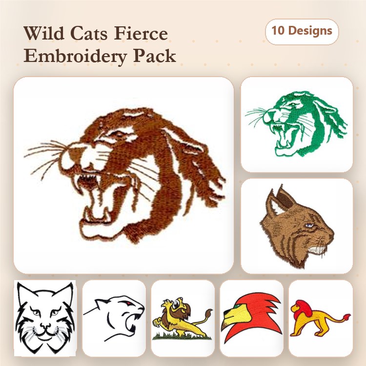 Wild Cats Embroidery Designs Bundle – Lion Face, Tiger Face, Cougar Face & More (10 Designs)