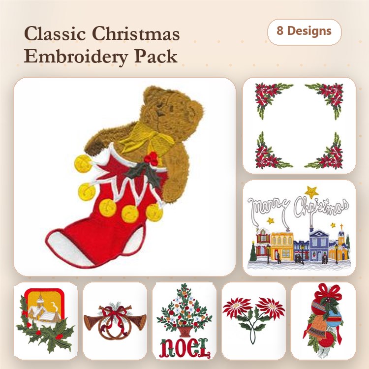 Christmas Stocking & Poinsettia Embroidery Designs Bundle – Teddy Bear, Wreath, Winter Village & More (8 Designs)