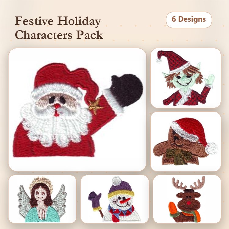 Festive Holiday Characters Embroidery Designs Bundle – Santa Claus, Christmas Elf, Gingerbread Man & More (6 Designs)