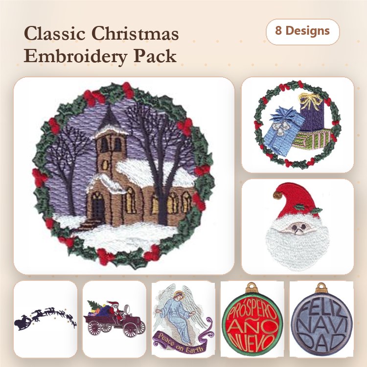 Classic Christmas Embroidery Designs Bundle – Church in Snowy Wreath, Santa Face, Holly Wreath & More (8 Designs)