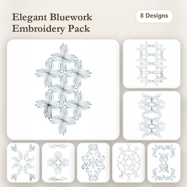 Bluework Floral Embroidery Bundle – Floral Border, Ornate Floral Design, Scrollwork with Flowers & More (8 Designs)