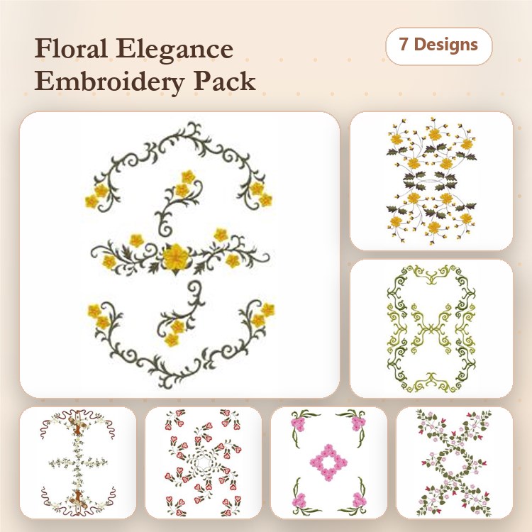 Floral Embellishment Embroidery Designs Bundle – Monogram, Vine, Frame & More (7 Designs)