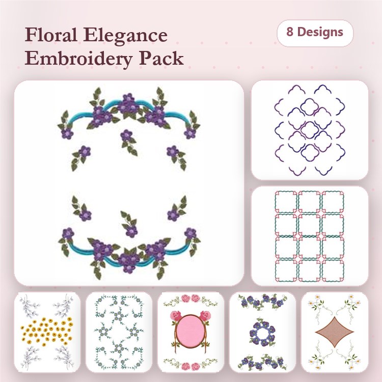 Elegant Floral Embellishments Embroidery Designs Bundle – Floral Frame with Violets, Floral Wreath & More (8 Designs)