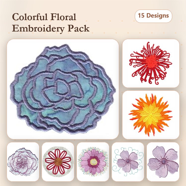 Floral Embroidery Designs Bundle – Rose, Dahlia, Sunflower & More (15 Designs)