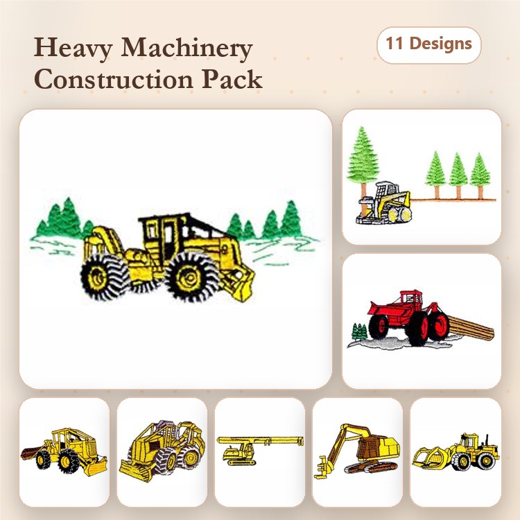 Heavy Machinery Embroidery Bundle – Bulldozer, Excavator, Loader & More (11 Designs)