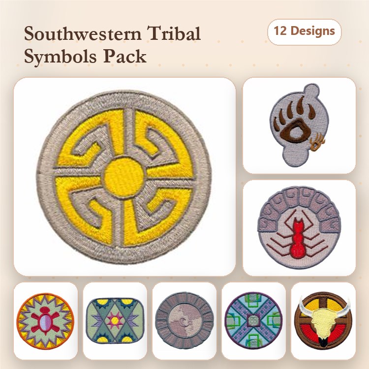 Southwestern Tribal Symbols Embroidery Designs Bundle – Circle, Bear Symbol, Scorpion & More (12 Designs)
