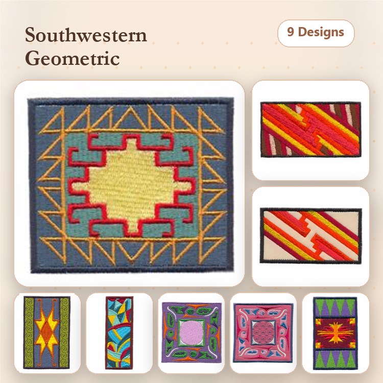 Southwestern Geometric Patterns Embroidery Designs Bundle – Red Border, Colorful Stars, Zigzags & More (9 Designs)