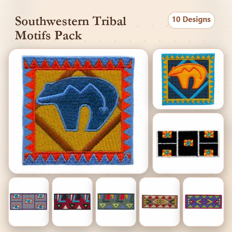 Southwestern Tribal Motifs Embroidery Bundle – Bear, Cactus, Geometric Pattern & More (10 Designs)