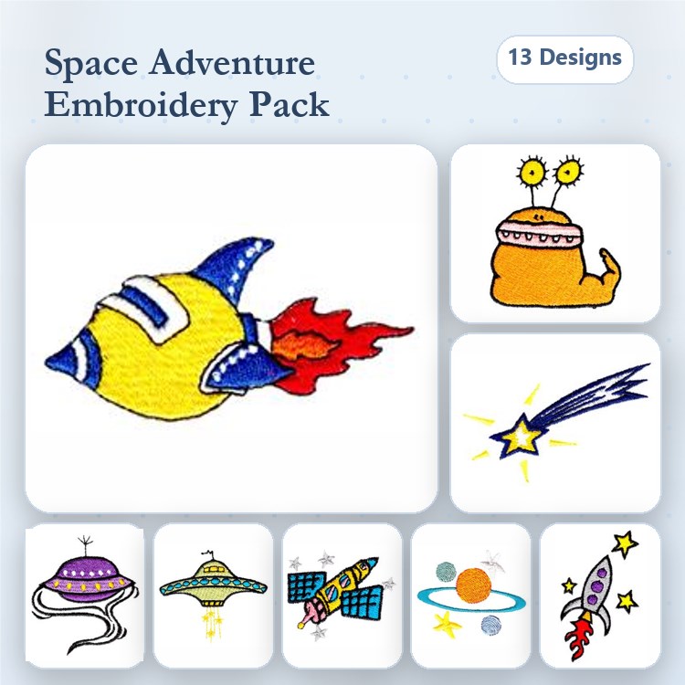 Space Adventure Embroidery Designs Bundle – Rocket Ship, UFO, Alien Character & More (13 Designs)