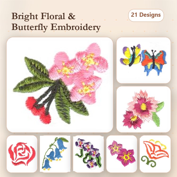 Bright Floral and Butterfly Embroidery Bundle – Pink Floral Bouquet, Yellow Butterfly, Blue Butterfly & More (21 Designs)