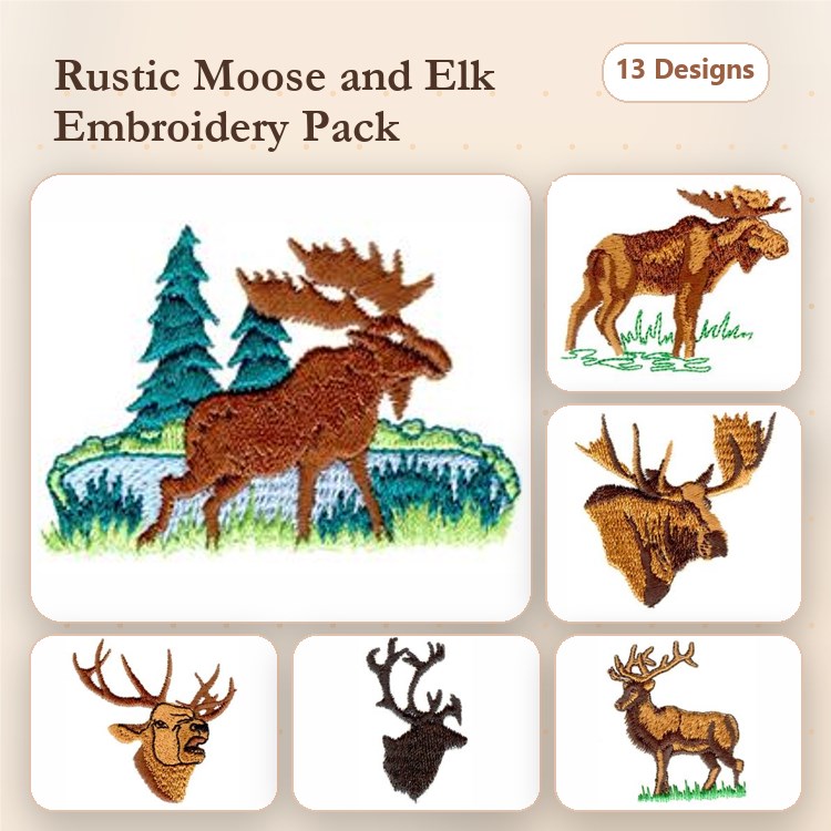 Moose & Elk Embroidery Designs Bundle – Moose Standing by Water, Elk in Forest, Moose Head with Antlers & More (13 Designs)