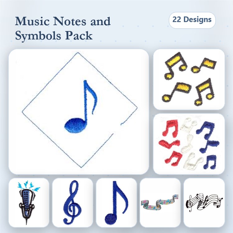 Music Notes & Symbols Embroidery Designs Bundle – Music Note, Treble Clef, Microphone & More (22 Designs)