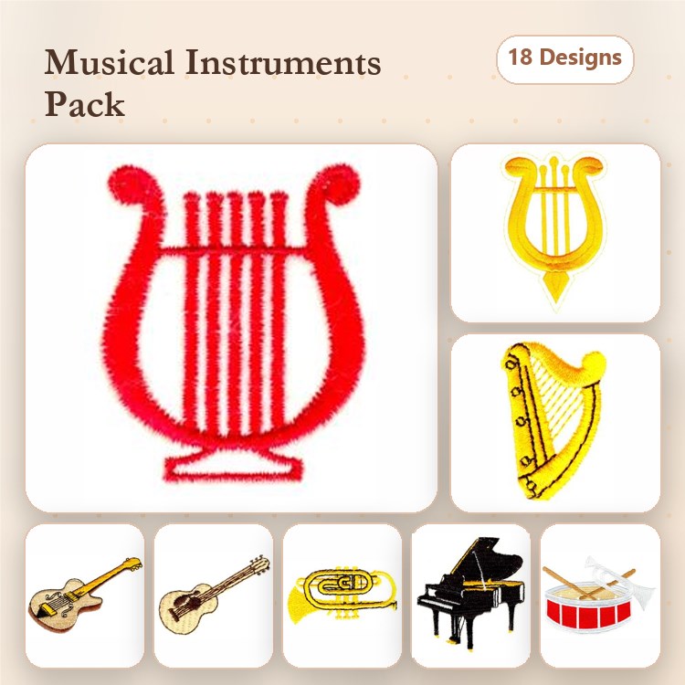 Musical Instruments Embroidery Designs Bundle – Harp, Lyre, Acoustic Guitar, Trombone & More (18 Designs)