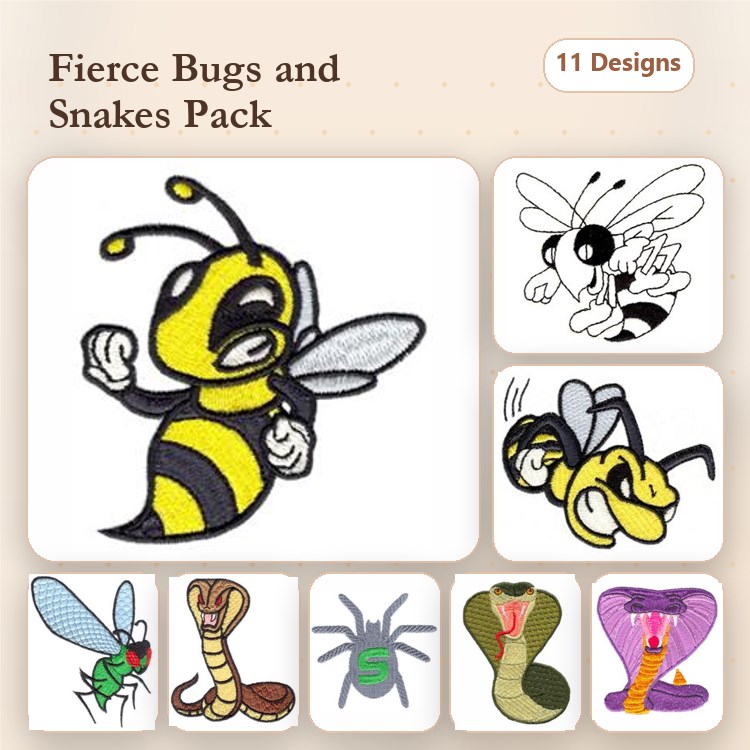 Insects & Snakes Embroidery Designs Bundle – Bee with Attitude, Cobra, Blue Dragonfly & More (11 Designs)