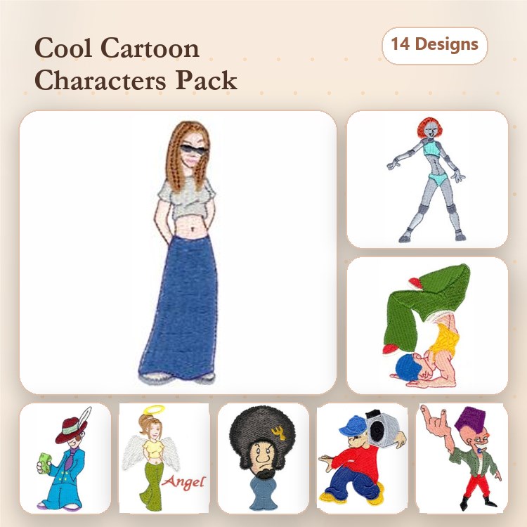 Cartoon Characters Embroidery Designs Bundle – Cool Girl with Glasses, Robot Character, Headstand Boy & More (14 Designs)