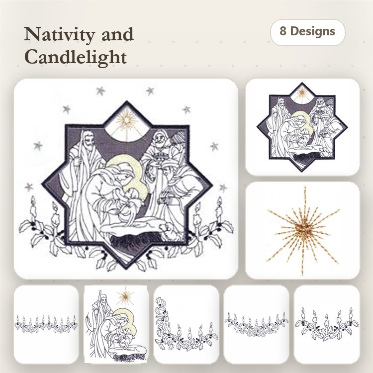 Redwork Nativity Embroidery Bundle – Holy Family, Star of Bethlehem, Candlelight Arrangement & More (8 Designs)