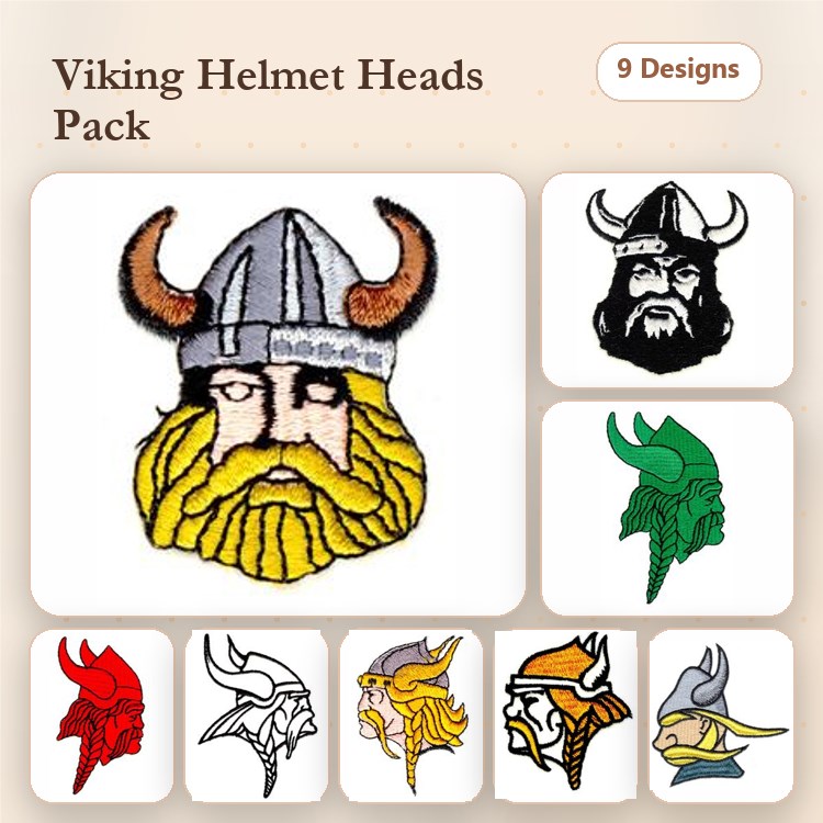 Viking Helmet Heads Embroidery Designs Bundle – Viking Warrior with Horns, Viking King with Beard, & More (9 Designs)