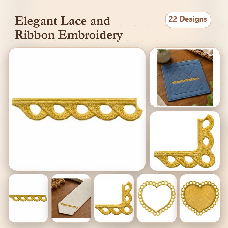 FSL Lace and Ribbon Embroidery Designs Bundle – Lace Border with Circles, Heart Lace, Ribbon Lace Edge & More (22 Designs)