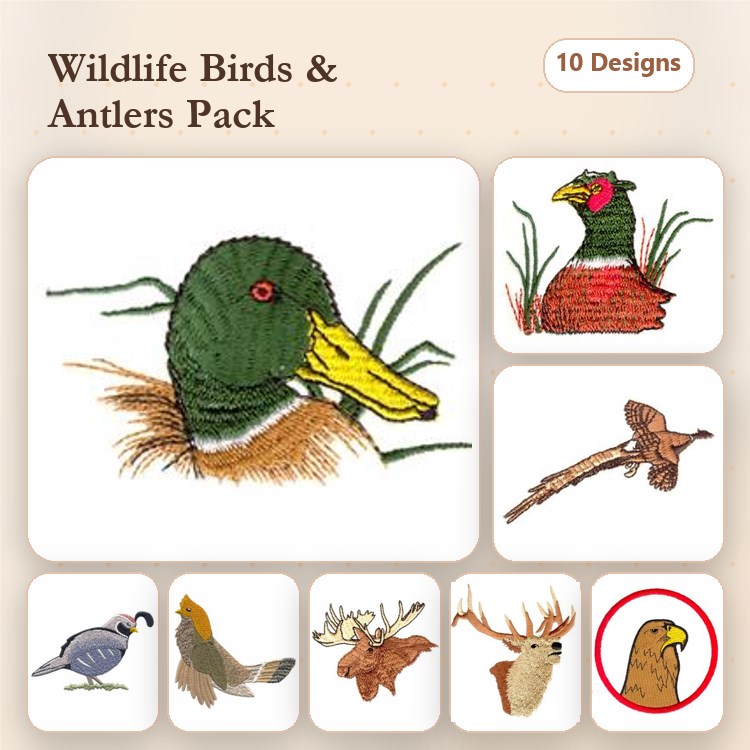 Wildlife Birds & Antlers Embroidery Designs Bundle – Mallard Duck, Antlered Deer, Hummingbird & More (10 Designs)