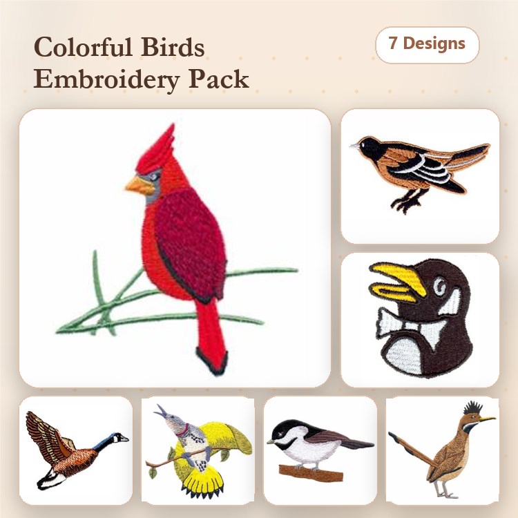 Colorful Birds Embroidery Bundle – Cardinal, Blackbird, Hummingbird & More (7 Designs)