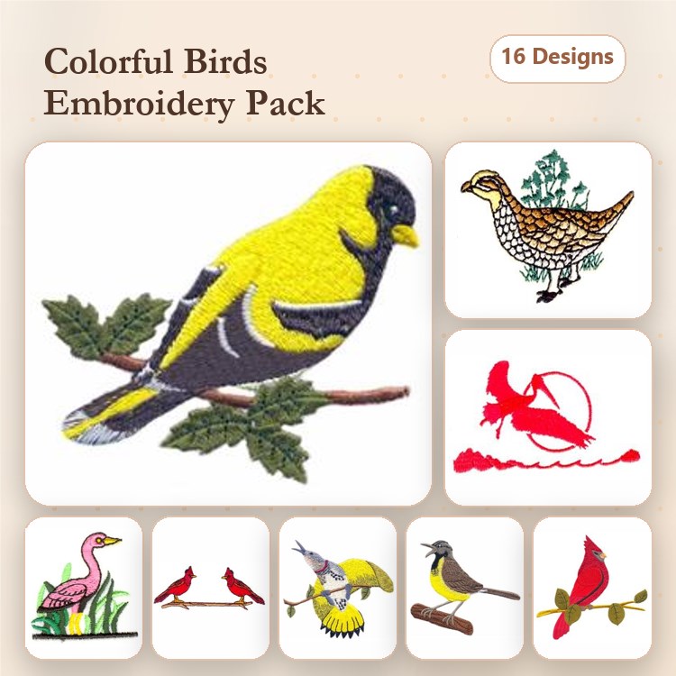 Colorful Birds Embroidery Bundle – Goldfinch, Flamingo, Cardinal, Robin & More (16 Designs)