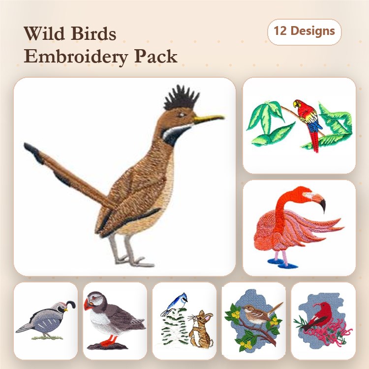 Wild Birds Embroidery Bundle – Hoopoe, Parrot, Flamingo & More (12 Designs)