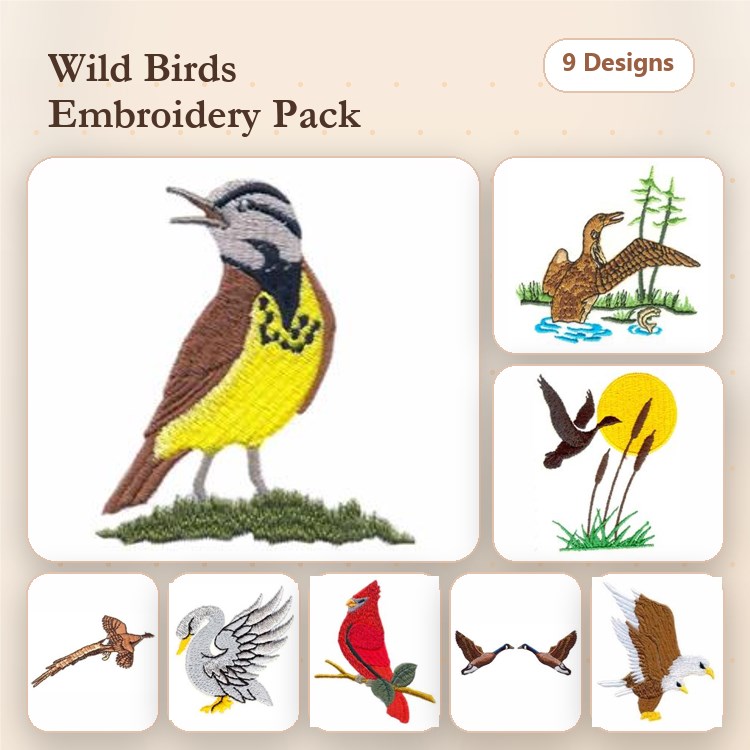Wild Birds Embroidery Designs Bundle – Eastern Meadowlark, Mallard Duck, Eagle & More (9 Designs)
