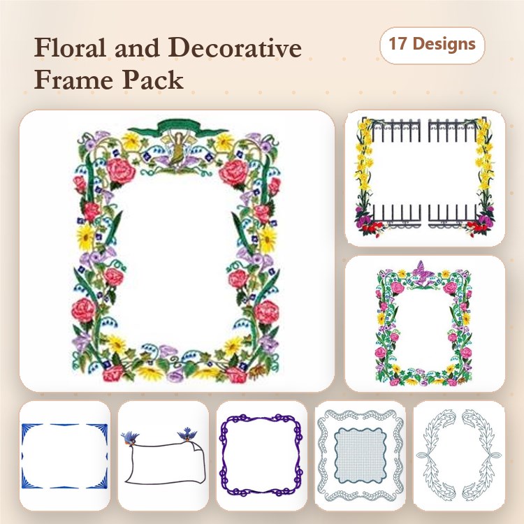 Floral and Decorative Frames Embroidery Bundle – Floral Frame with Roses, Rectangular Floral Frame, & More (17 Designs)