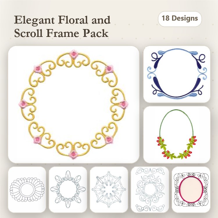 Floral and Scroll Frame Embroidery Designs Bundle – Floral Scroll Frame, Circular Scroll Frame, Floral Necklace & More (18 Designs)