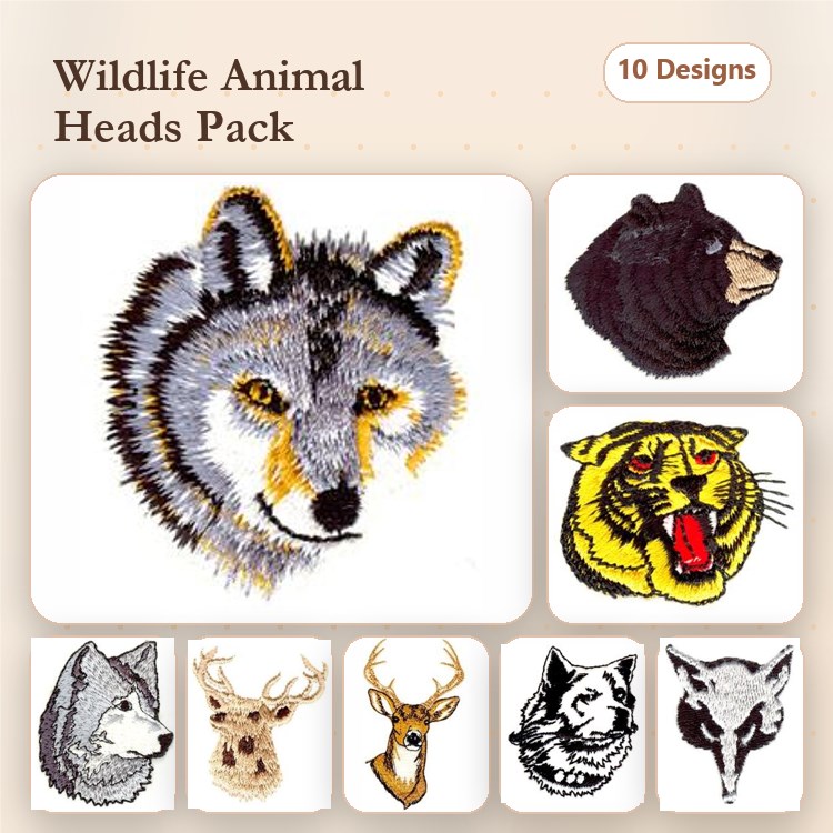 Wildlife Animal Heads Embroidery Designs Bundle – Wolf, Bear, Tiger & More (10 Designs)