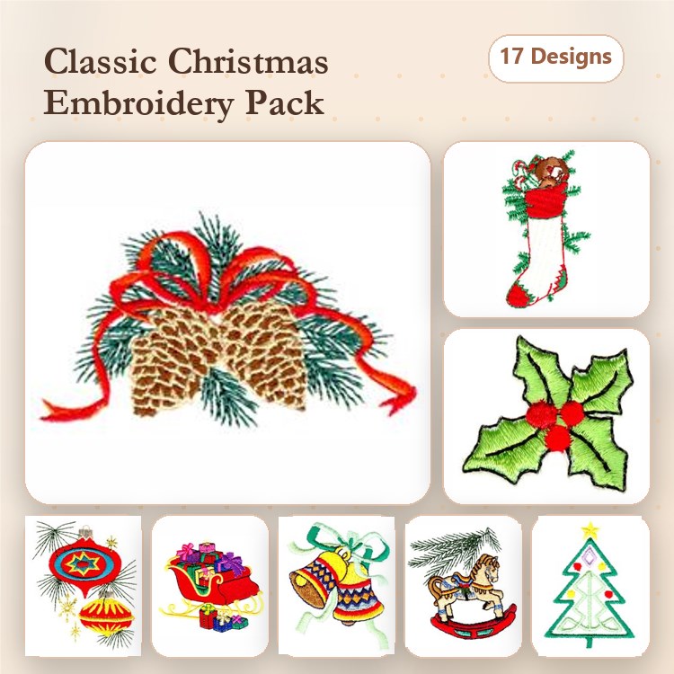 Christmas Embroidery Designs Bundle – Christmas Bow, Stocking, Holly & More (17 Designs)