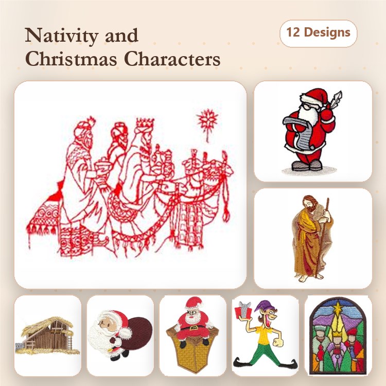 Redwork Nativity & Christmas Characters Embroidery Designs Bundle – Three Wise Men, Santa Claus, Mary, Baby Jesus & More (12 Designs)