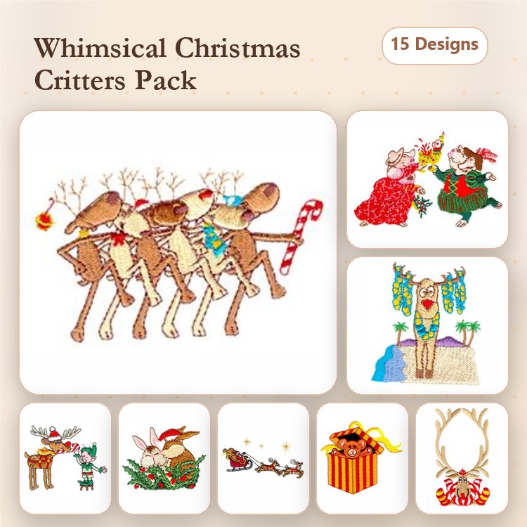 Whimsical Christmas Critters Embroidery Designs Bundle – Reindeer, Owl, Dog, Penguin & More (15 Designs)