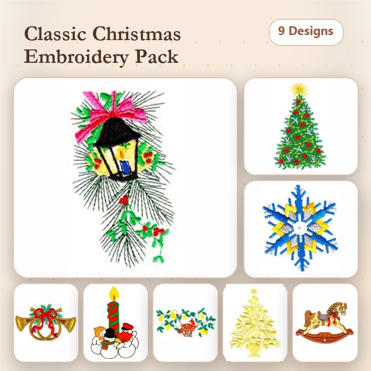 Classic Christmas Embroidery Designs Bundle – Lantern with Pine, Christmas Tree, Snowflake & More (9 Designs)