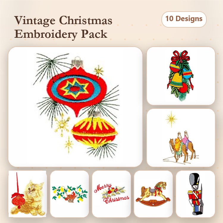 Vintage Christmas Embroidery Designs Bundle – Christmas Ornament, Gift with Ribbon, Three Wise Men & More (10 Designs)