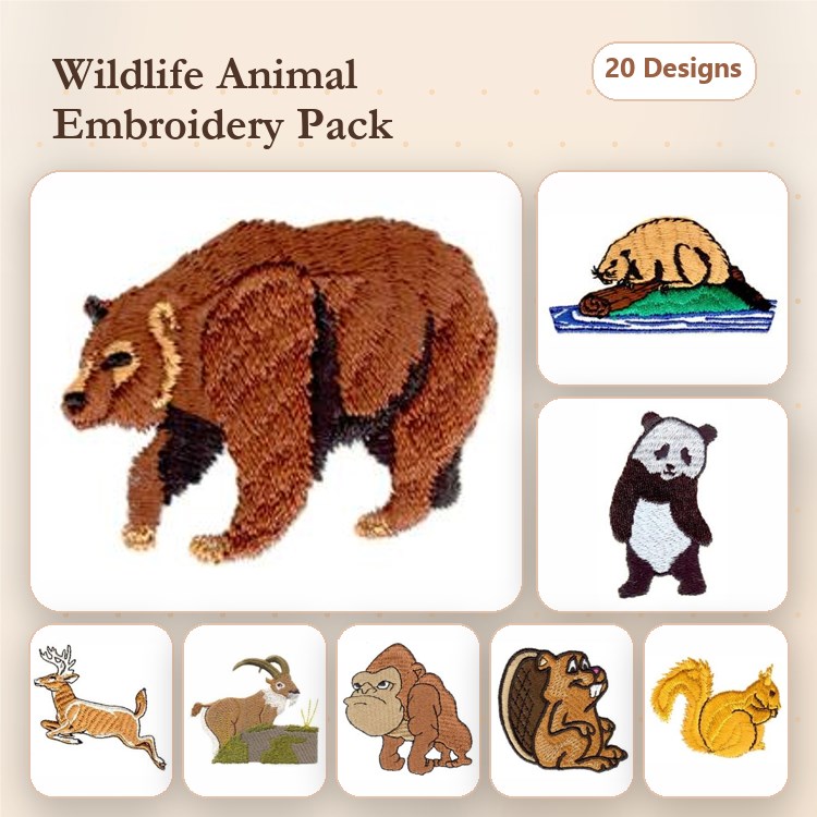 Wildlife Animals Embroidery Bundle – Bear, Panda, Beaver & More (20 Designs)
