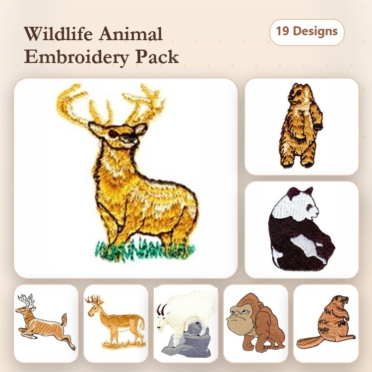 Wildlife Animals Embroidery Designs Bundle – Elk, Bear, Panda, Kangaroo & More (19 Designs)