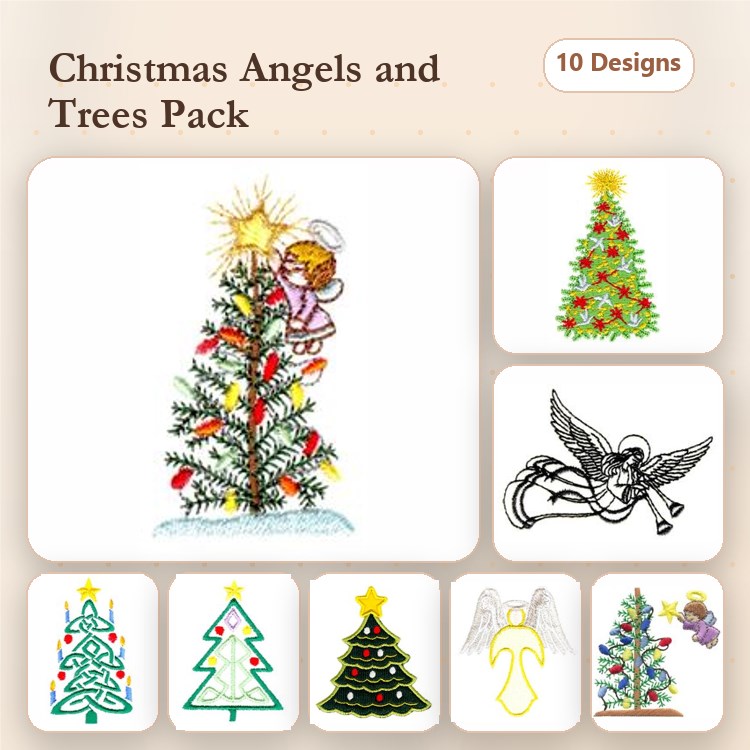 Christmas Angels & Trees Embroidery Designs Bundle – Angel on Christmas Tree, Blue Christmas Tree, Decorated Christmas Tree & More (10 Designs)