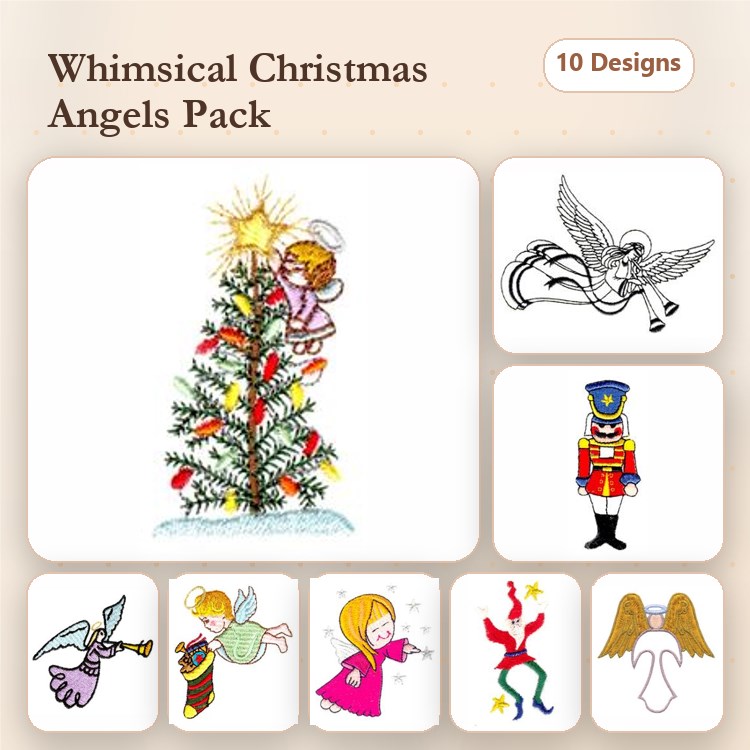Christmas Angels Embroidery Designs Bundle – Angel on Christmas Tree, Nutcracker Soldier, Angel Holding Star & More (10 Designs)