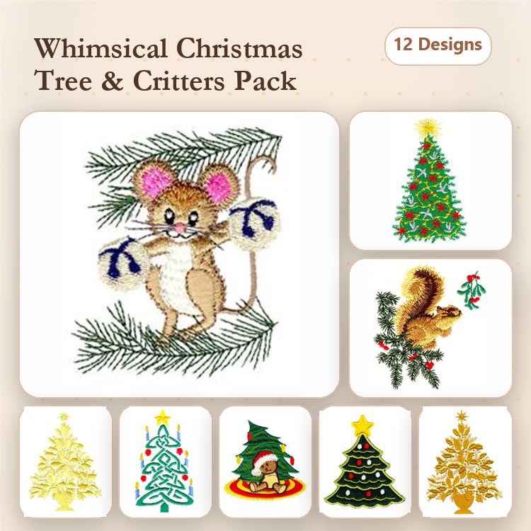 Christmas Tree & Critters Embroidery Designs Bundle – Mouse with Ornaments, Squirrel, Christmas Tree & More (12 Designs)