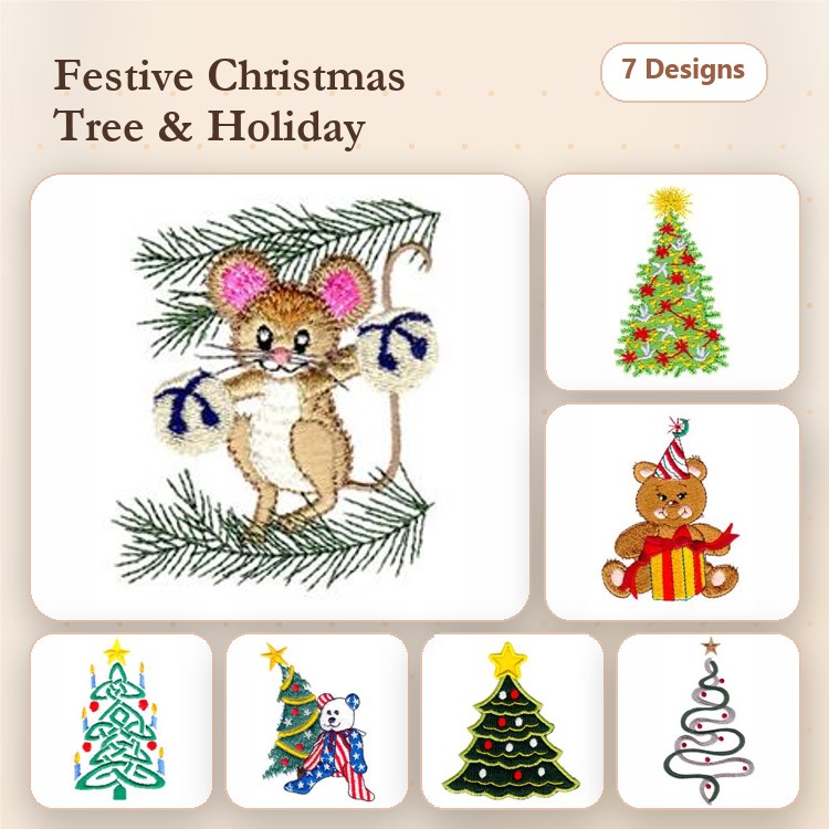 Christmas Tree & Holiday Embroidery Bundle – Mouse with Ornaments, Teddy Bear with Gift, Santa Claus & More (7 Designs)