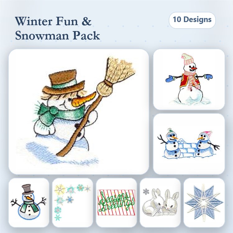 Snowman & Winter Elements Embroidery Designs Bundle – Snowman with Broom, Snowman in Scarf, Snowflake & More (10 Designs)