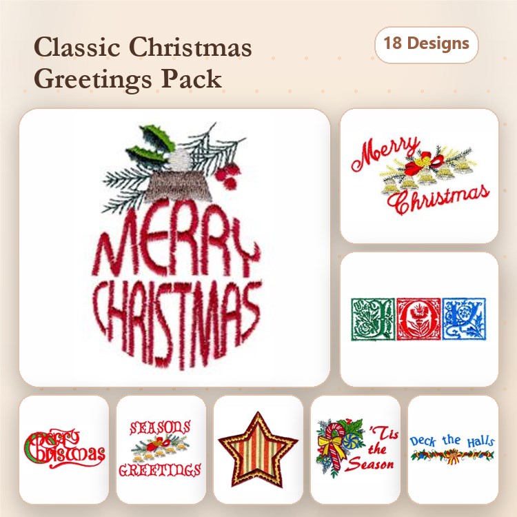 Redwork Christmas Greetings Embroidery Designs Bundle – Merry Christmas, Seasons Greetings & More (18 Designs)