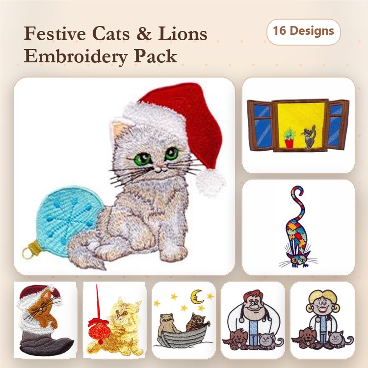 Cat & Tiger Embroidery Bundle – Holiday Designs (16 Designs)