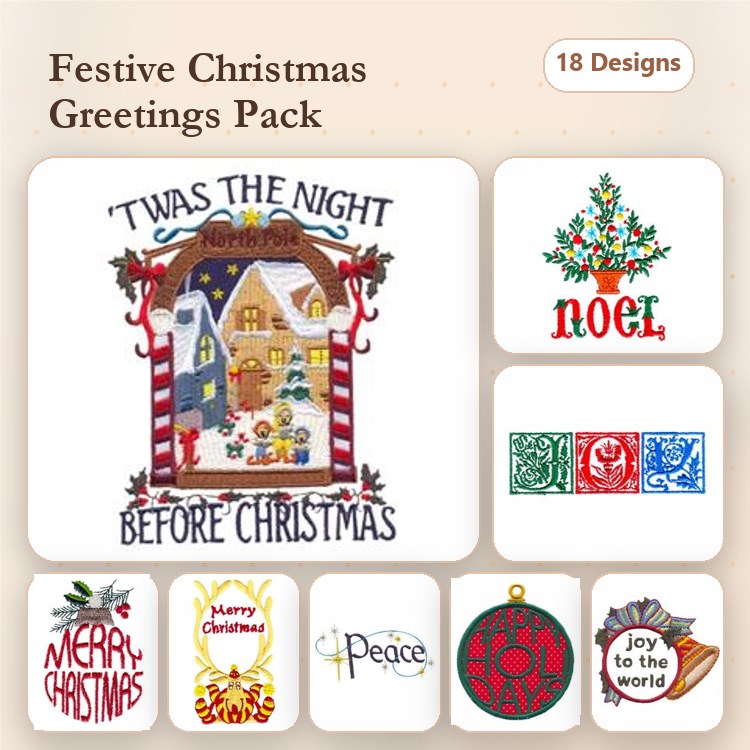 Christmas Greetings Embroidery Designs Bundle – 'Twas the Night Before Christmas, Merry Christmas, Peace & More (18 Designs)