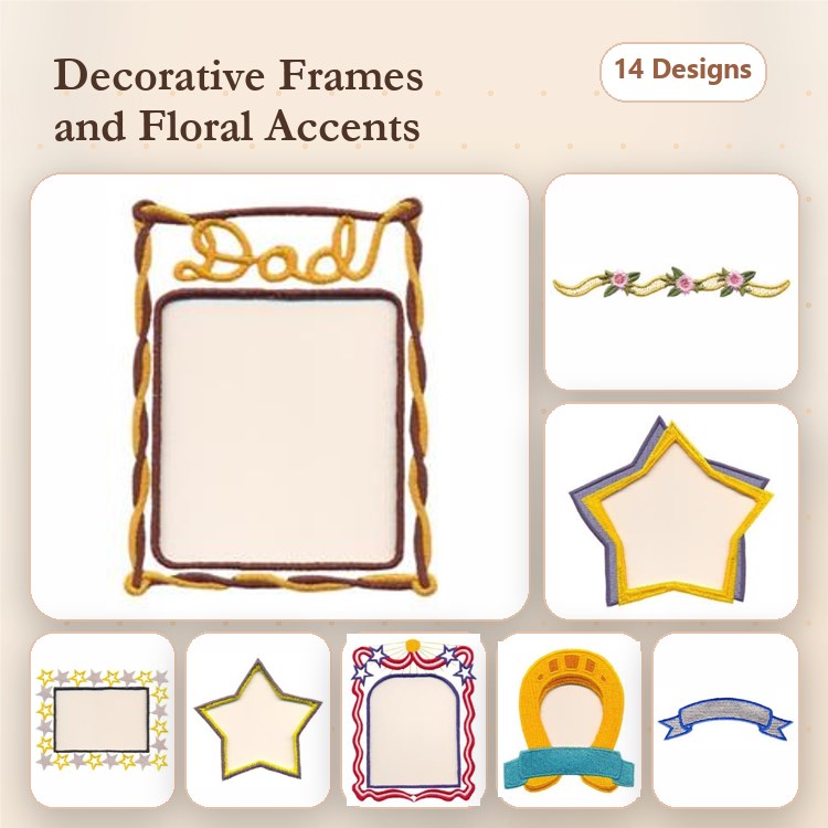 Decorative Frames & Floral Accents Embroidery Designs Bundle – Frame with Dad Text, Star Frame, Curved Frame & More (14 Designs)