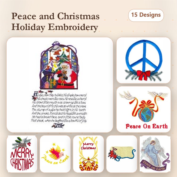 Santa Claus & Reindeer Christmas Embroidery Designs Bundle – Peace Symbol, Holiday Ornament, Nativity Scene & More (15 Designs)